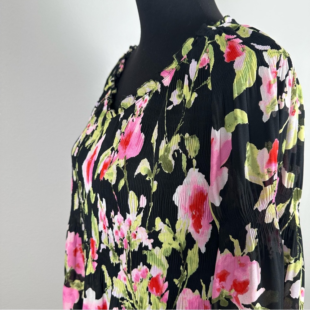 Floral & Ivy Floral Top Sz Large Sheer Pleated Stretch Flare Sleeve Peasant Boho - Picture 7 of 14
